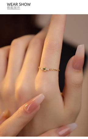 S925 Silver Olive Zircon Chain Ring for Women Fresh Niche K Gold Plated Vintage Adjustable Index Finger Ring