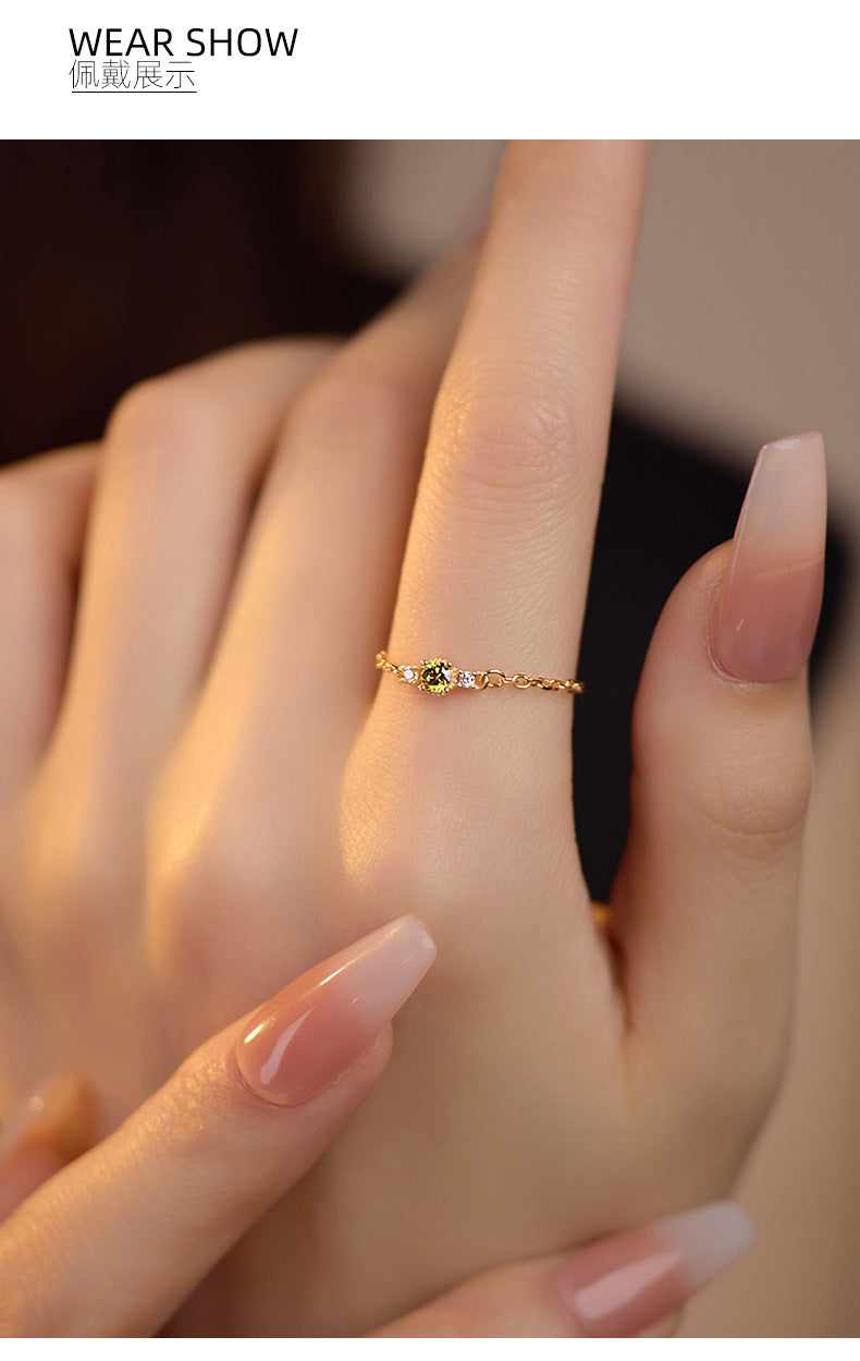S925 Silver Olive Zircon Chain Ring for Women Fresh Niche K Gold Plated Vintage Adjustable Index Finger Ring