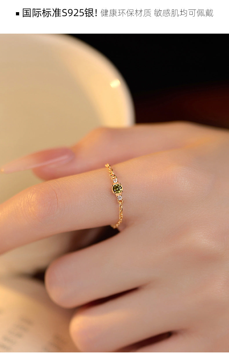 S925 Silver Olive Zircon Chain Ring for Women Fresh Niche K Gold Plated Vintage Adjustable Index Finger Ring