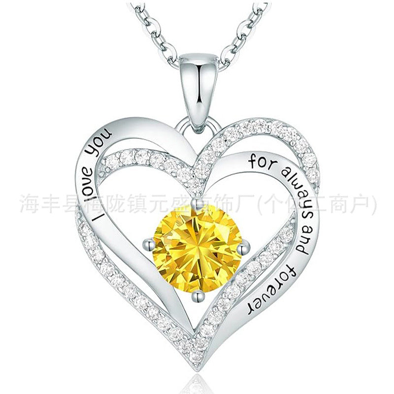 S925 Sterling Silver Necklace for Women with Twelve Birthstones Amazon Eternal Heart Pendant Heart-shaped Necklace