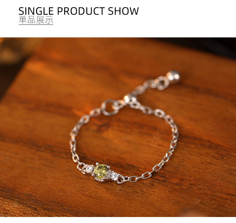 S925 Silver Olive Zircon Chain Ring for Women Fresh Niche K Gold Plated Vintage Adjustable Index Finger Ring