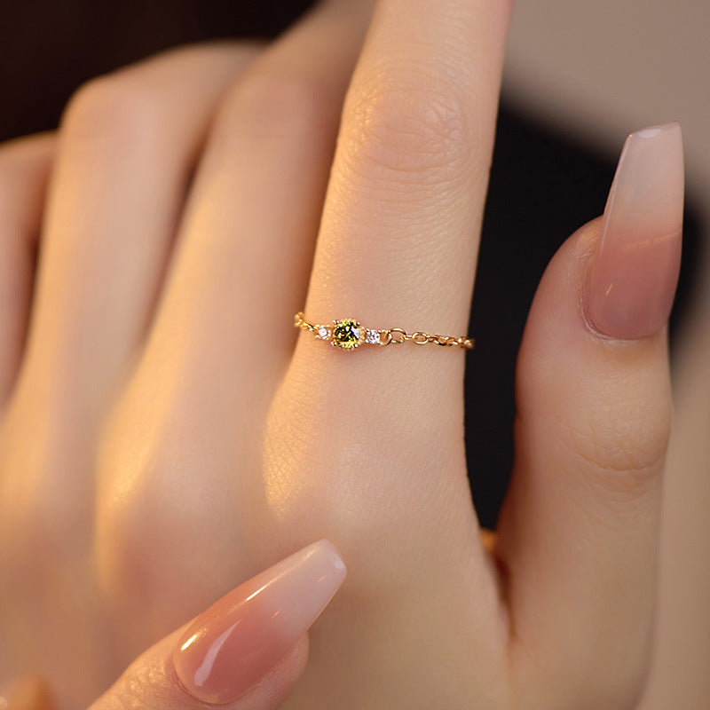 S925 Silver Olive Zircon Chain Ring for Women Fresh Niche K Gold Plated Vintage Adjustable Index Finger Ring