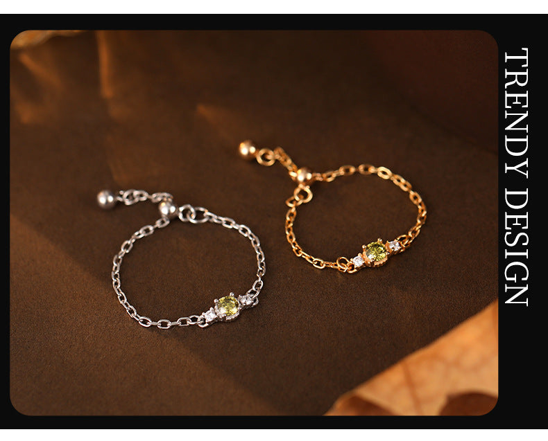 S925 Silver Olive Zircon Chain Ring for Women Fresh Niche K Gold Plated Vintage Adjustable Index Finger Ring