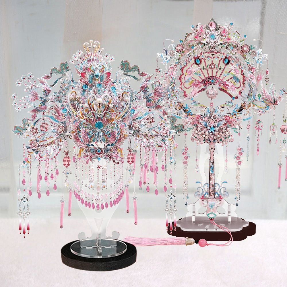 Gangda ピンク シルバー フェニックス クラウン ウェディング ファン メタル 組み立て オーナメント 3D パズル 手作り ギフト 友人用