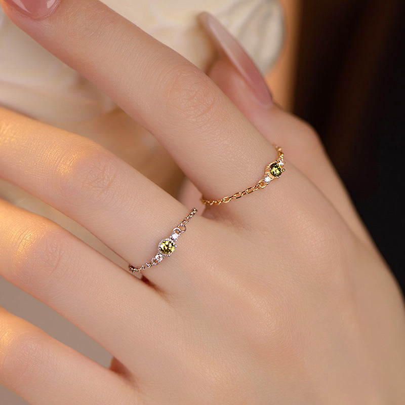 S925 Silver Olive Zircon Chain Ring for Women Fresh Niche K Gold Plated Vintage Adjustable Index Finger Ring